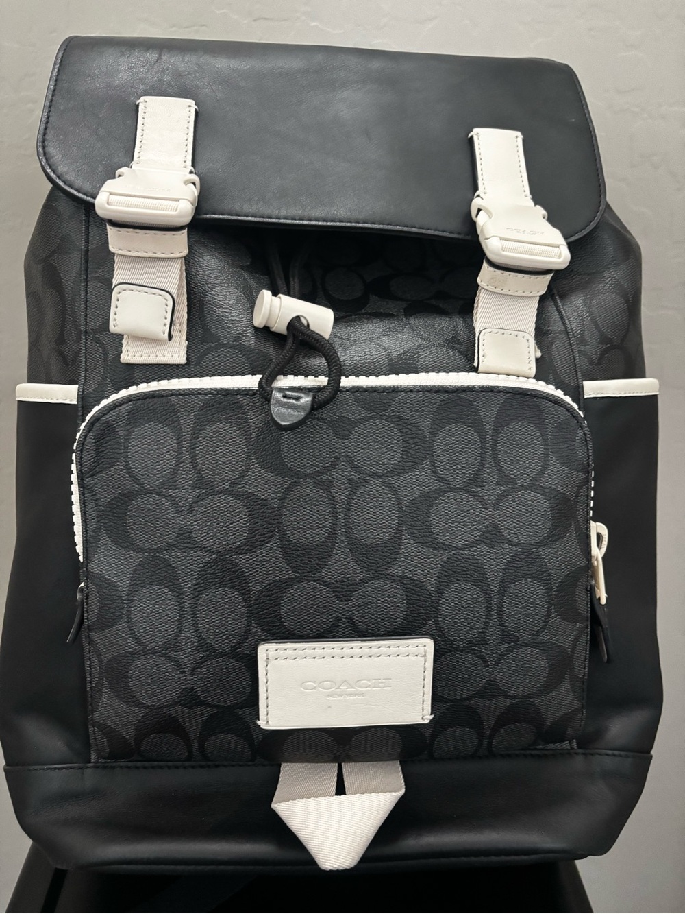 Coach Black Signature Canvas Backpack with Cream Trim Accents